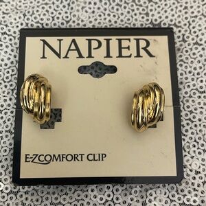 NWT NAPIER  5/8" Gold Tone Half Hoop w Design Clip on Earrings